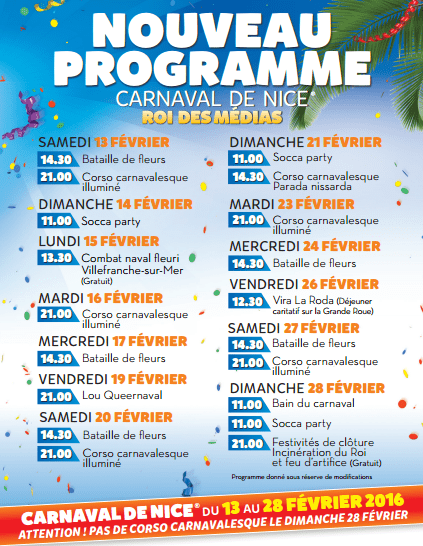 programme carnaval de nice 2016