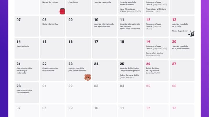 Explorez le calendrier des événements de février