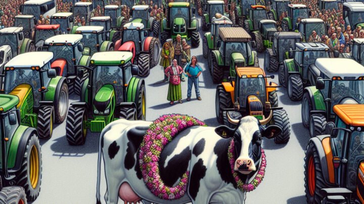 La colère des agriculteurs s’exprime par le blocage de tracteurs sur l’A51 et la vache Iris devient mascotte