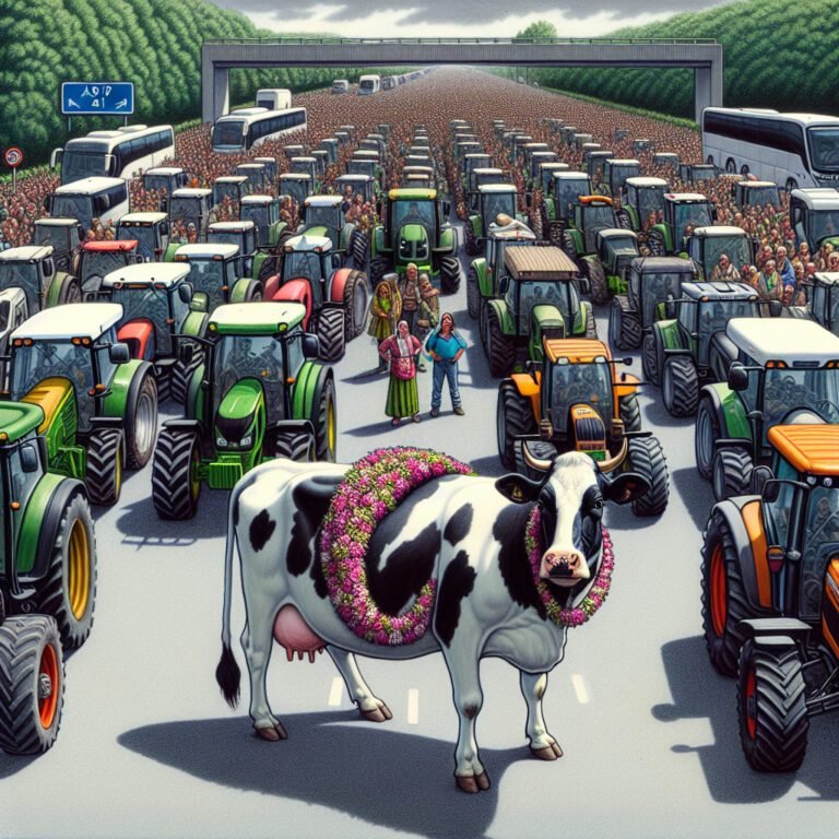 La colère des agriculteurs s&rsquo;exprime par le blocage de tracteurs sur l&rsquo;A51 et la vache Iris devient mascotte