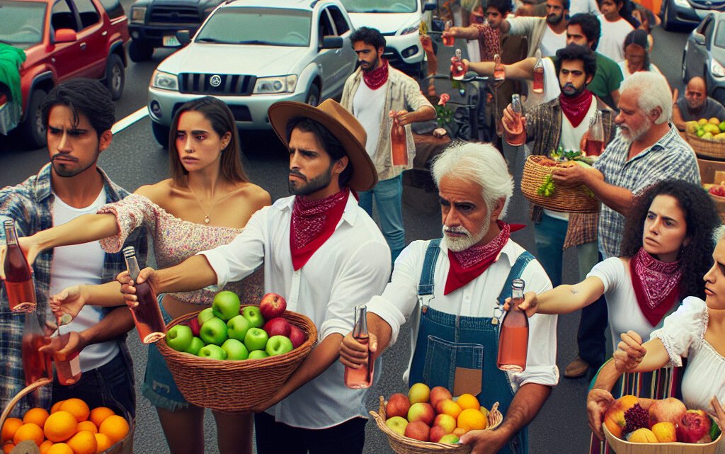 Les agriculteurs en colère distribuent des fruits et du rosé aux automobilistes lors de leur manifestation Les agriculteurs en colère distribuent des fruits et du rosé aux automobilistes lors de leur manifestation