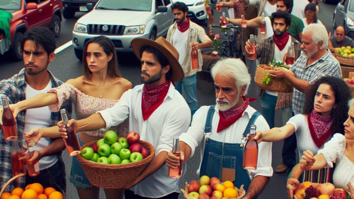 Les agriculteurs en colère distribuent des fruits et du rosé aux automobilistes lors de leur manifestation