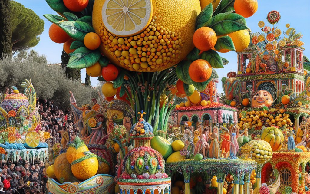Décoration enchanteresse des chars de la fête du citron à Menton Décoration enchanteresse des chars de la fête du citron à Menton