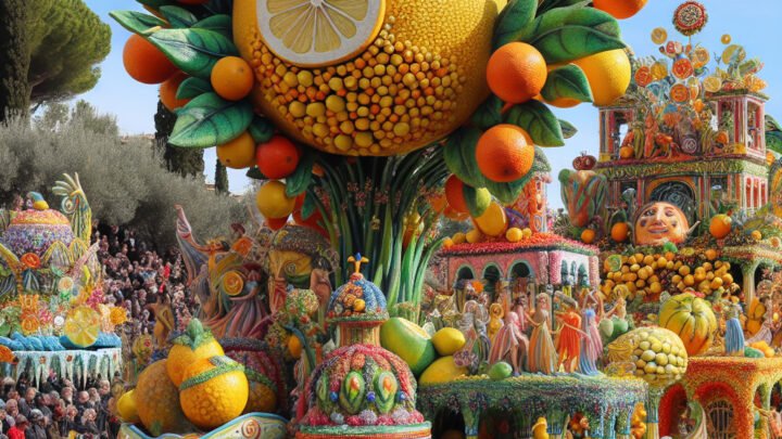 Décoration enchanteresse des chars de la fête du citron à Menton