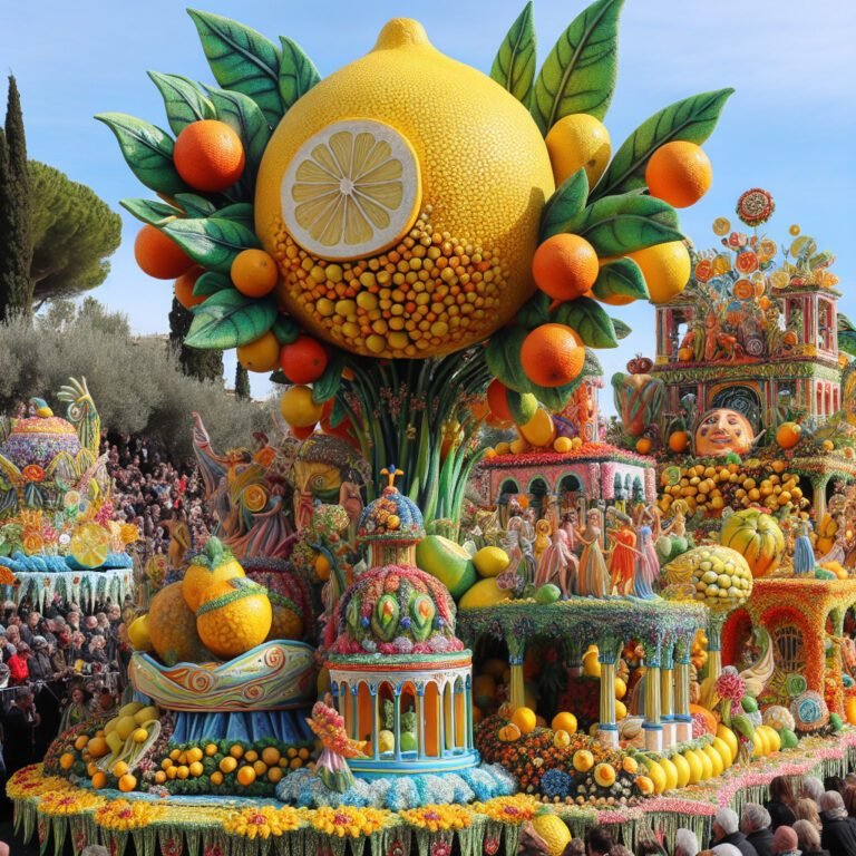 Décoration enchanteresse des chars de la fête du citron à Menton