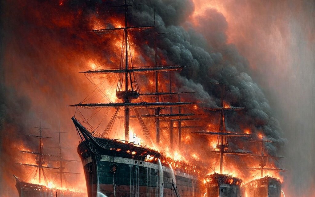 Incendie destructeur au port: quatre navires ravagés Incendie destructeur au port: quatre navires ravagés