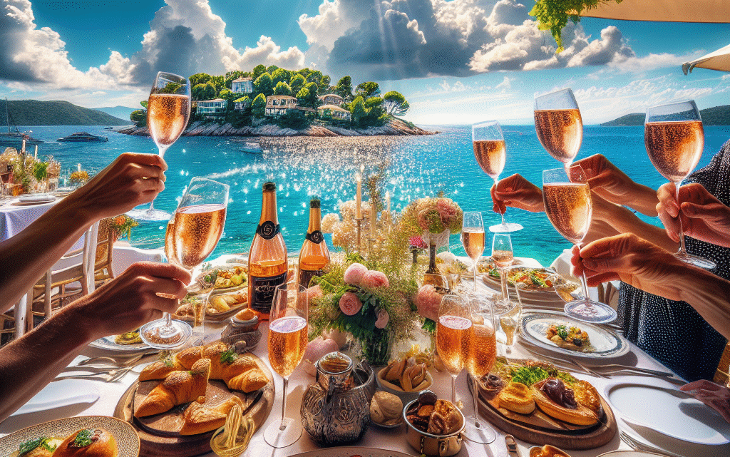 son déjeuner dans un restaurant festif sur une île au large de Cannes son déjeuner dans un restaurant festif sur une île au large de Cannes