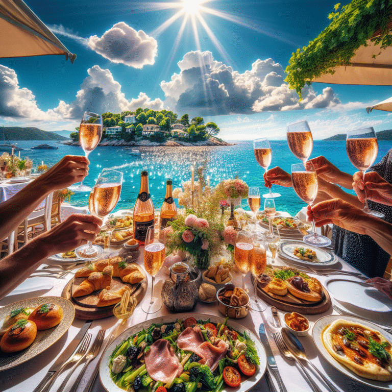 son déjeuner dans un restaurant festif sur une île au large de Cannes