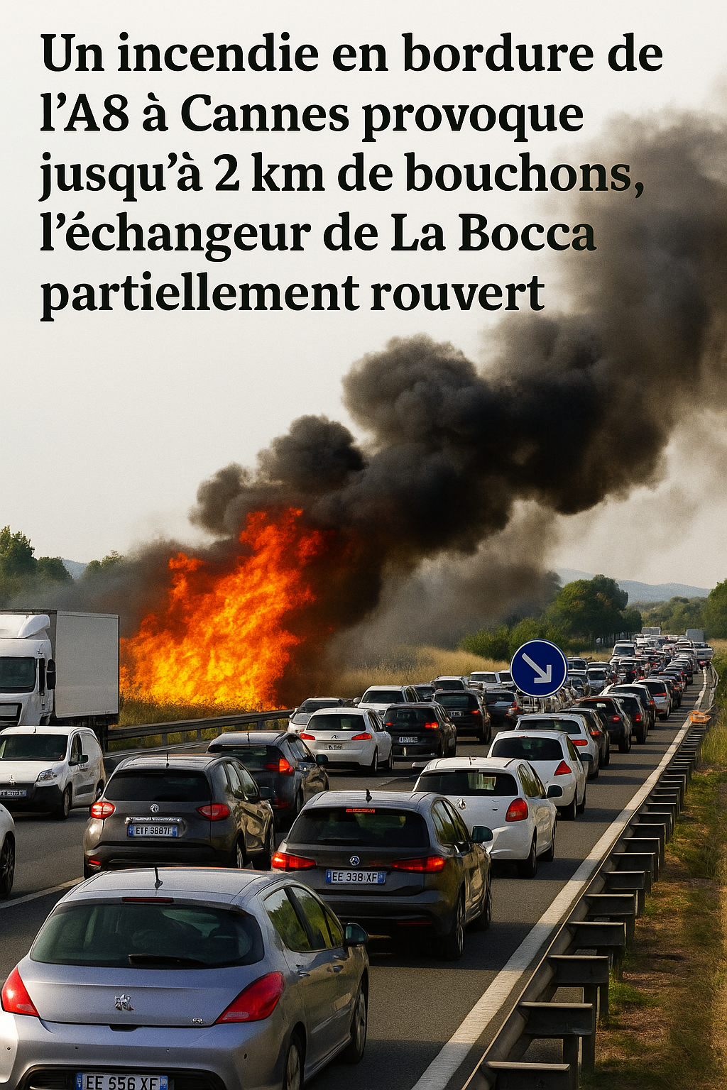 Un incendie en bordure de l’A8 à Cannes provoque jusqu’à 2 km de bouchons, l’échangeur de La Bocca partiellement rouvert