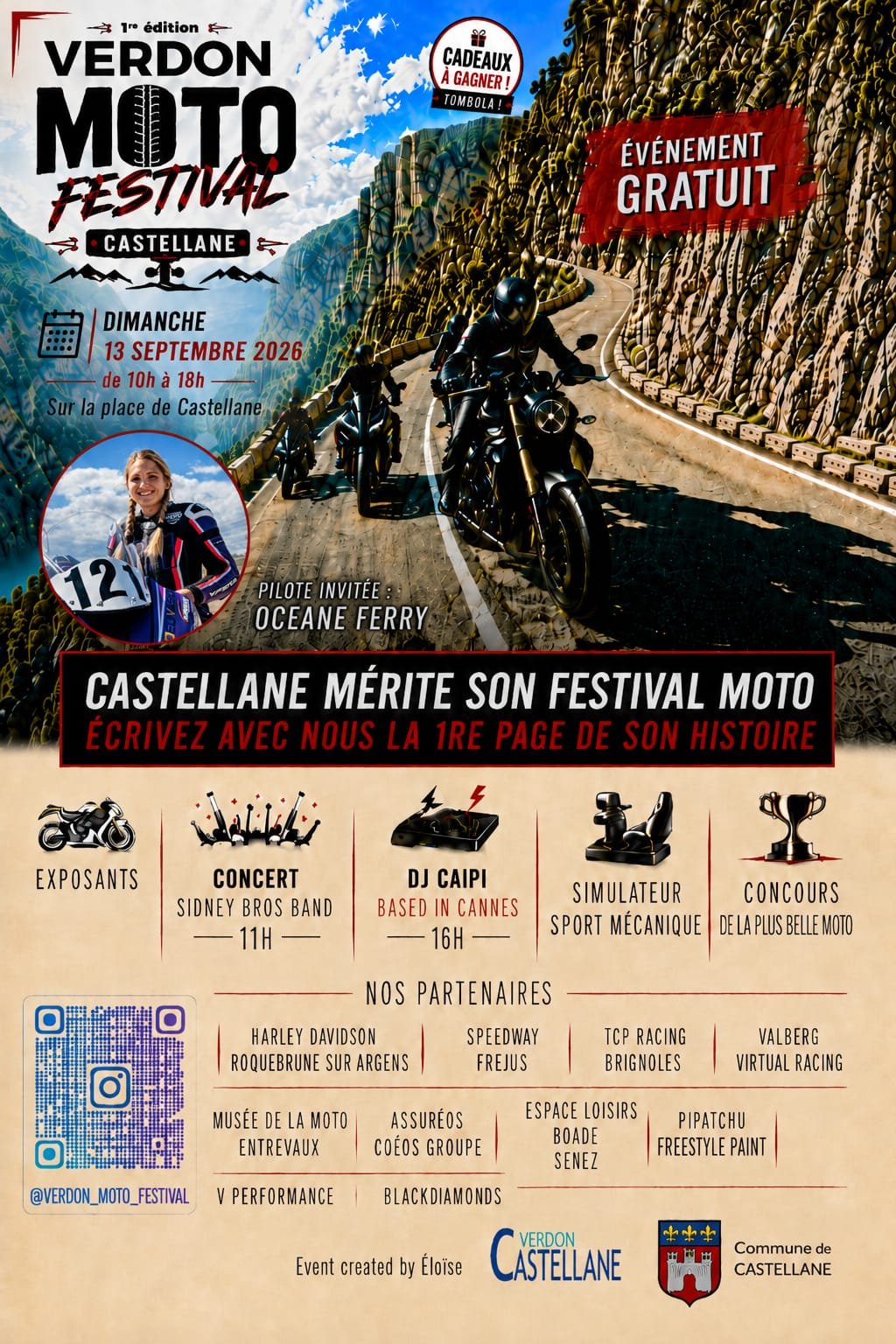 Affiche officielle de la première édition du Verdon Moto Festival, dimanche 13 septembre 2026 à Castellane