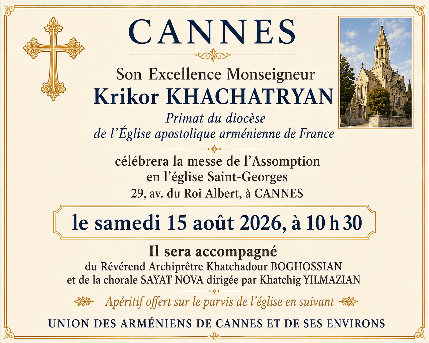 Messe de l&rsquo;Assomption à Cannes avec Son Excellence Krikor Kachatryan – Nouvelles d&rsquo;Arménie en Ligne – Toute l’actualité sur le monde arménien