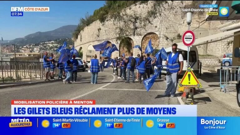 Menton : les policiers en colère ont manifesté en gilets bleus à la frontière franco-italienne
