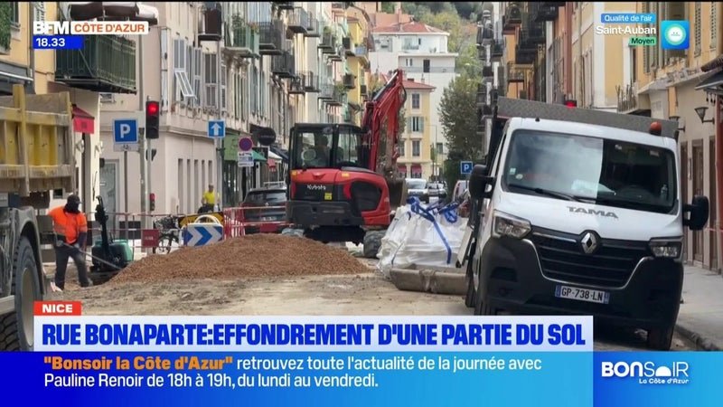 Rue Bonaparte à Nice : effondrement d’une partie du sol.